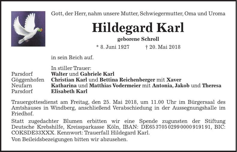 Traueranzeige Hildegard Karl