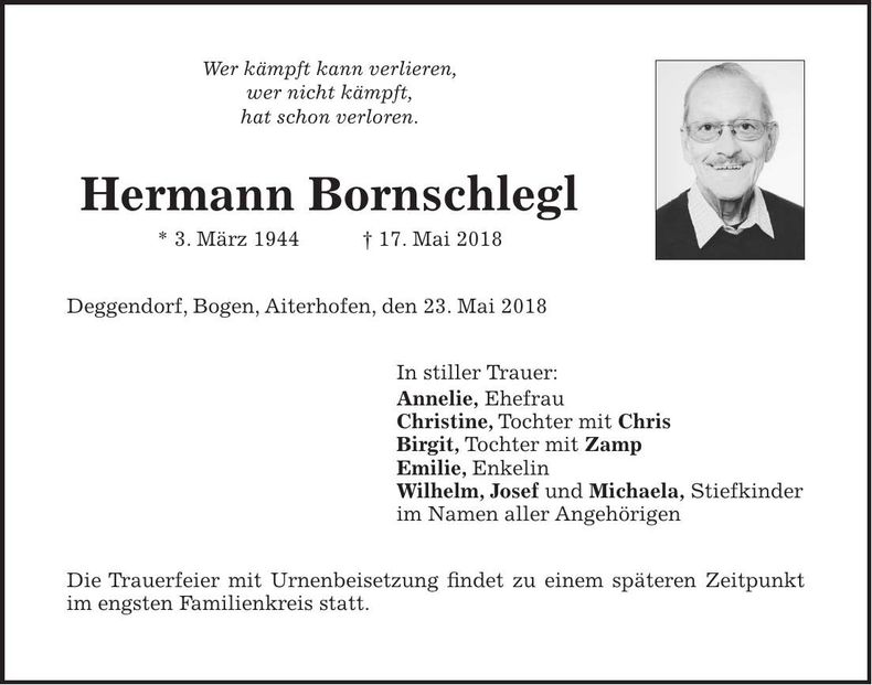 Traueranzeige Hermann Bornschlegl