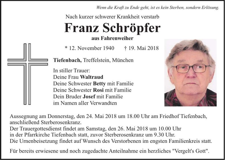 Traueranzeige Franz Schröpfer