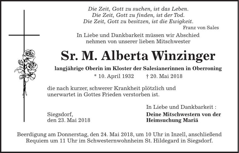 Traueranzeige Alberta Winzinger