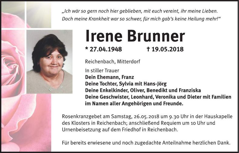 Traueranzeige Irene Brunner