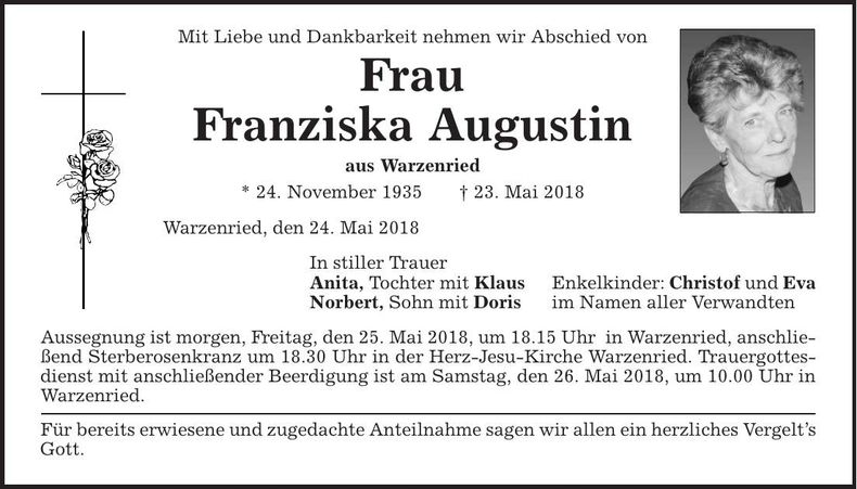 Traueranzeige Franziska Augustin