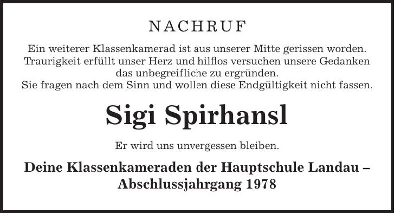 Traueranzeige Siegfried Spirhansl