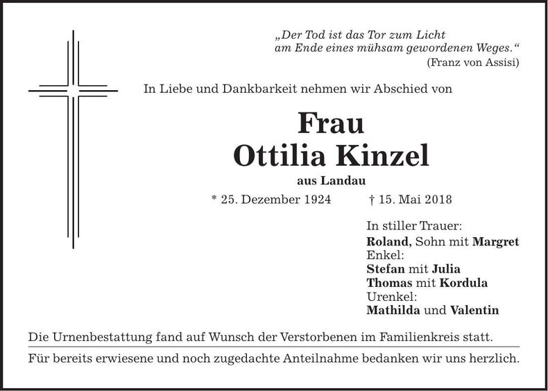 Traueranzeige Ottilia Kinzel