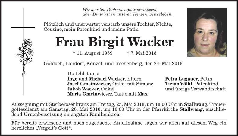 Traueranzeige Birgit Wacker