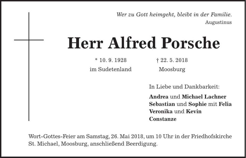 Traueranzeige Alfred Porsche