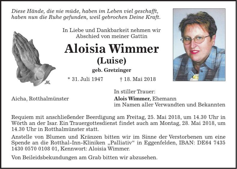 Traueranzeige Aloisia Wimmer