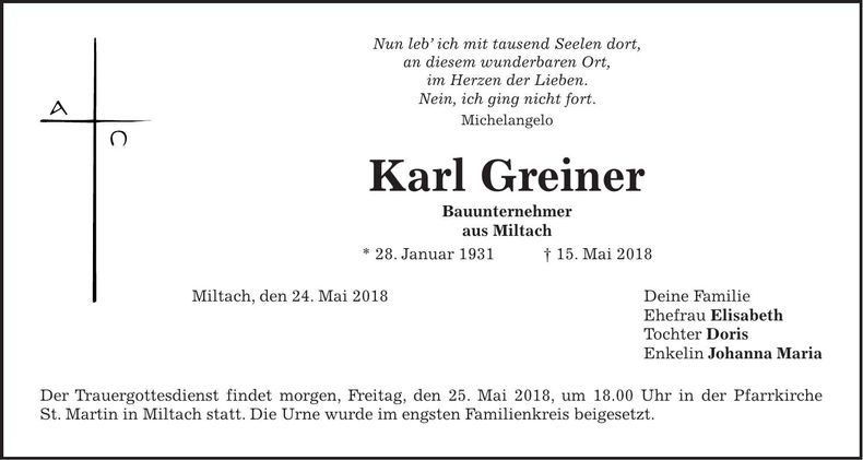 Traueranzeige Karl Greiner