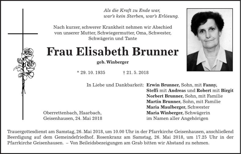 Traueranzeige Elisabeth Brunner