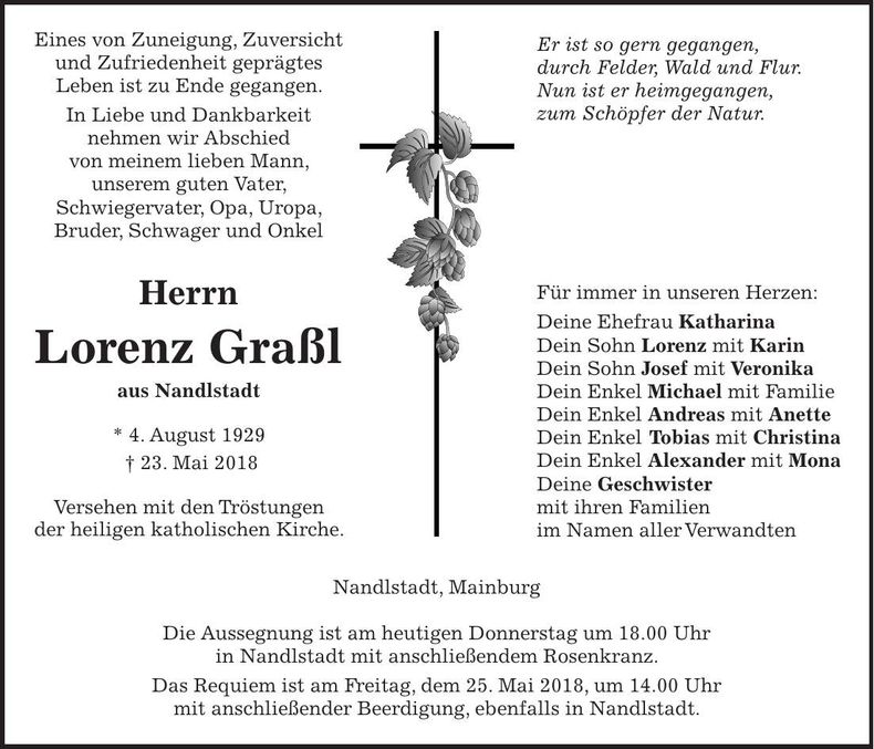 Traueranzeige Lorenz Graßl