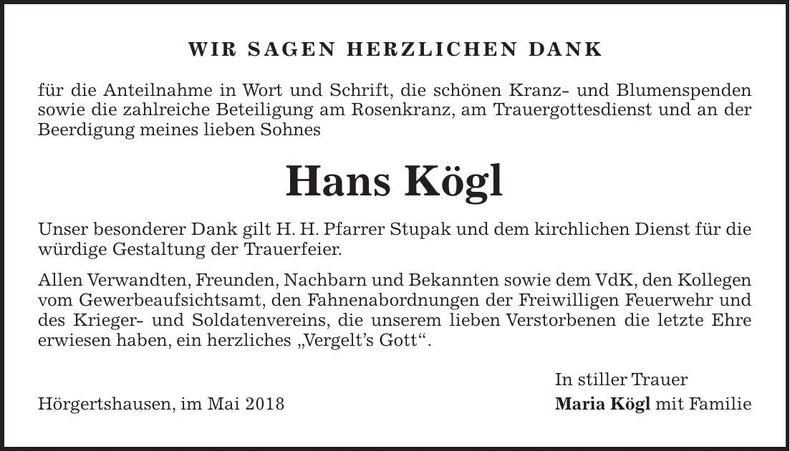 Traueranzeige Hans Kögl