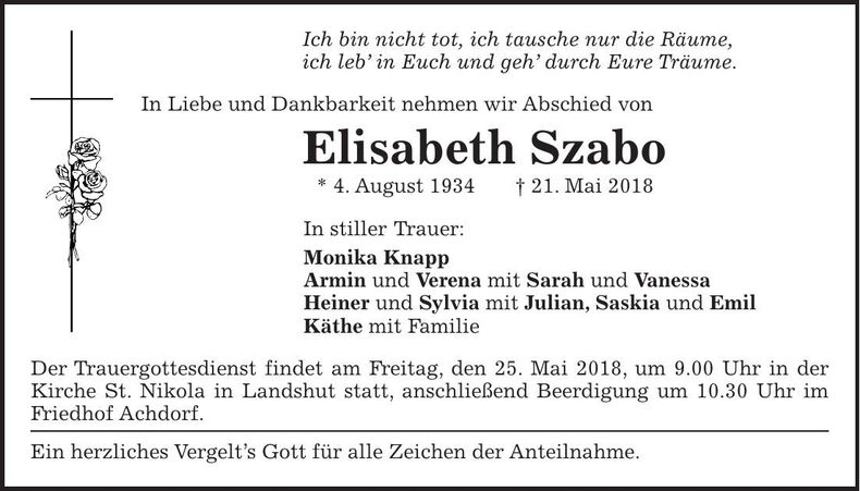 Traueranzeige Elisabeth Szabo