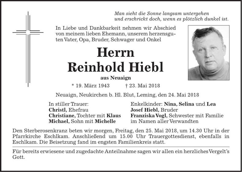 Traueranzeige Reinhold Hiebl