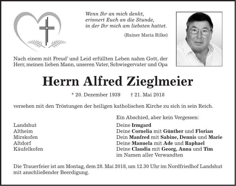 Traueranzeige Alfred Zieglmeier