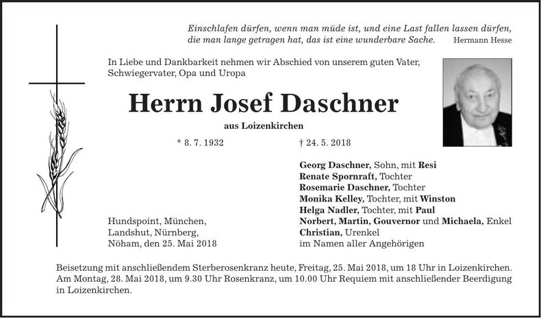 Traueranzeige Josef Daschner