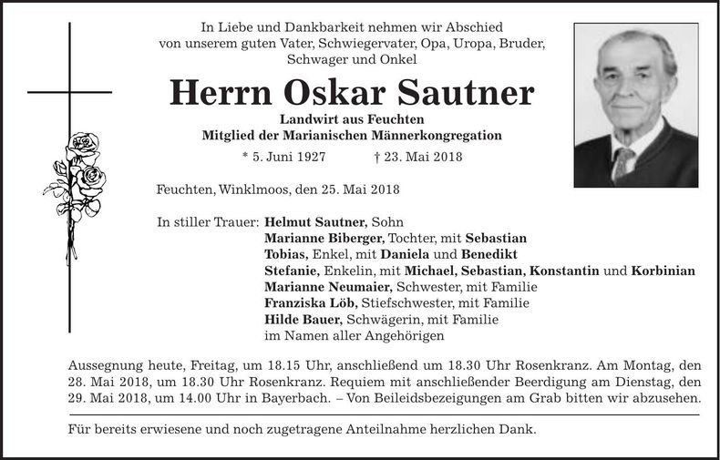 Traueranzeige Oskar Sautner