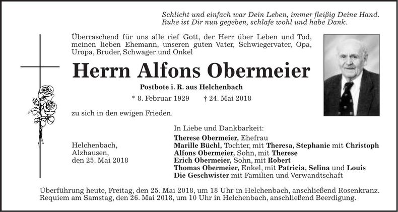 Traueranzeige Alfons Obermeier