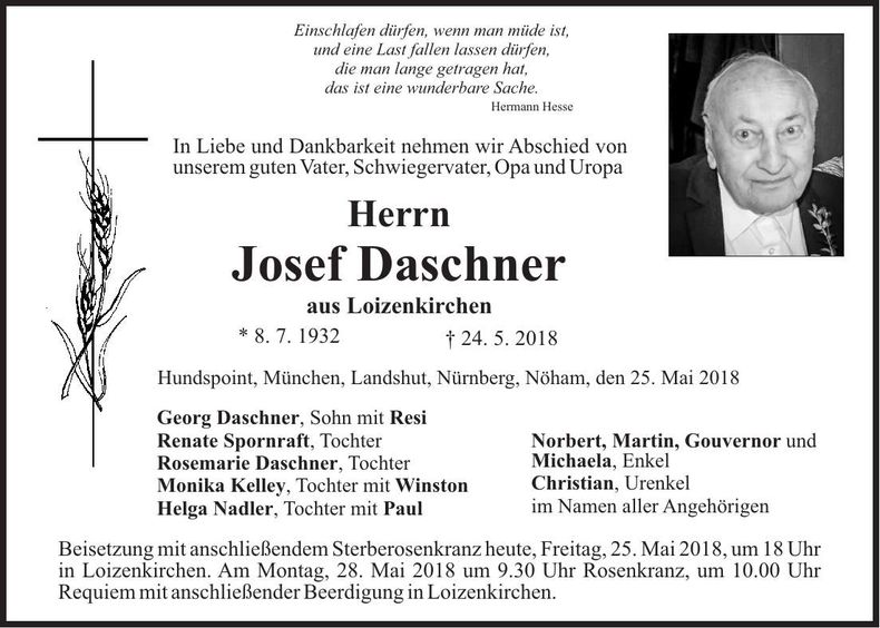 Traueranzeige Josef Daschner