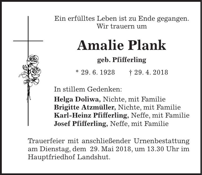 Traueranzeige Amalie Plank