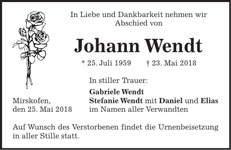 Traueranzeige Johann Wendt