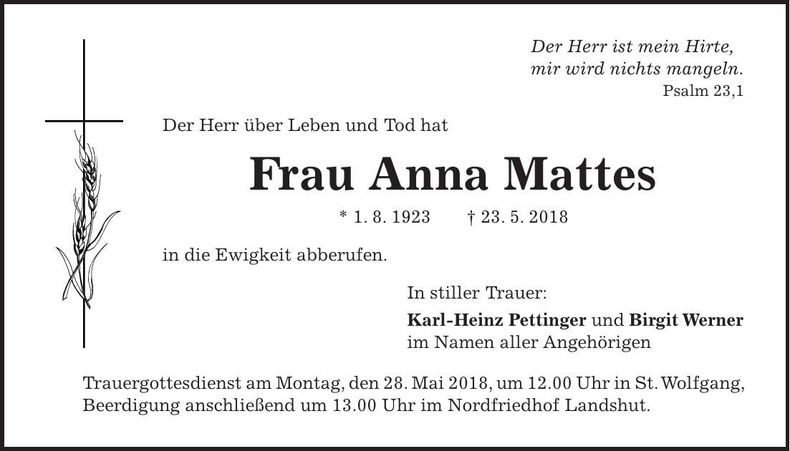 Traueranzeige Anna Mattes