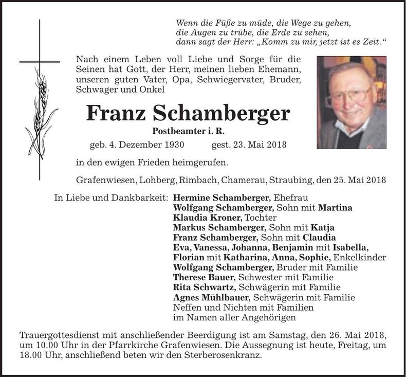 Traueranzeige Franz Schamberger