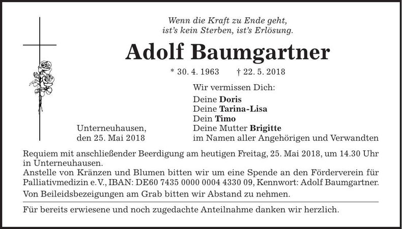 Traueranzeige Adolf Baumgartner