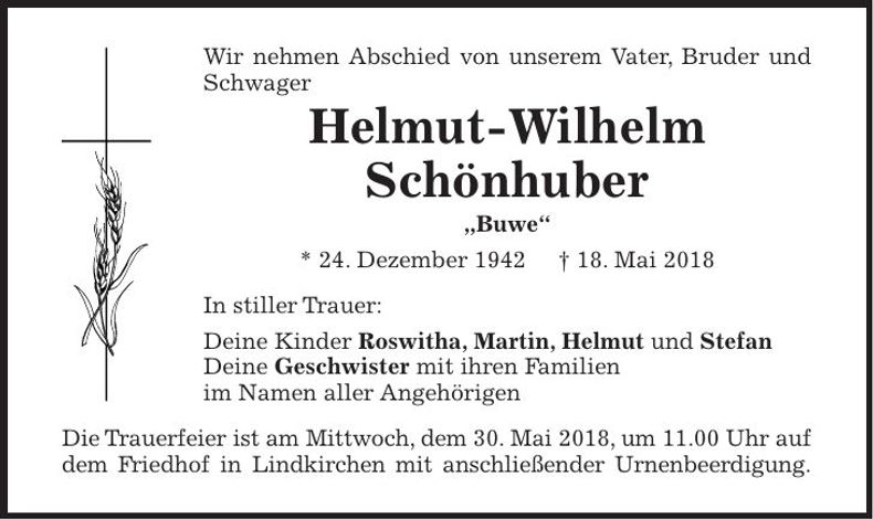 Traueranzeige Helmut Schönhuber