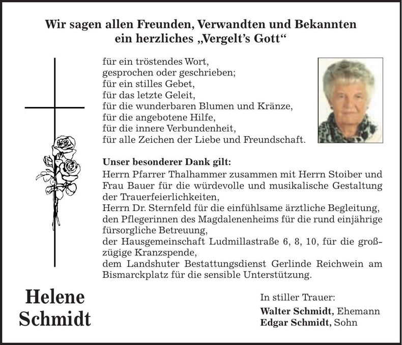 Traueranzeige Helene Schmidt