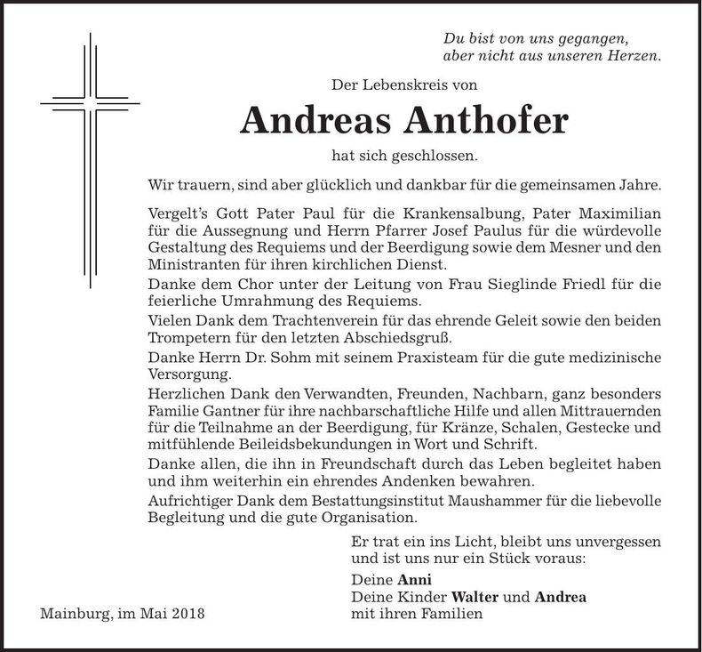 Traueranzeige Andreas Anthofer