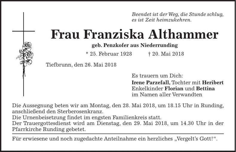 Traueranzeige Franziska Althammer