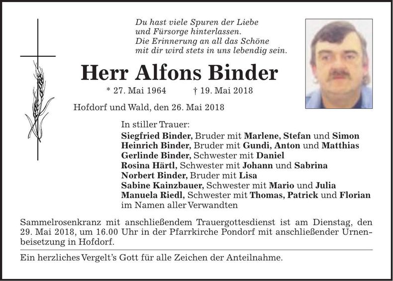 Traueranzeige Alfons Binder