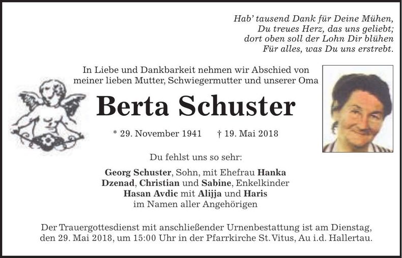 Traueranzeige Berta Schuster