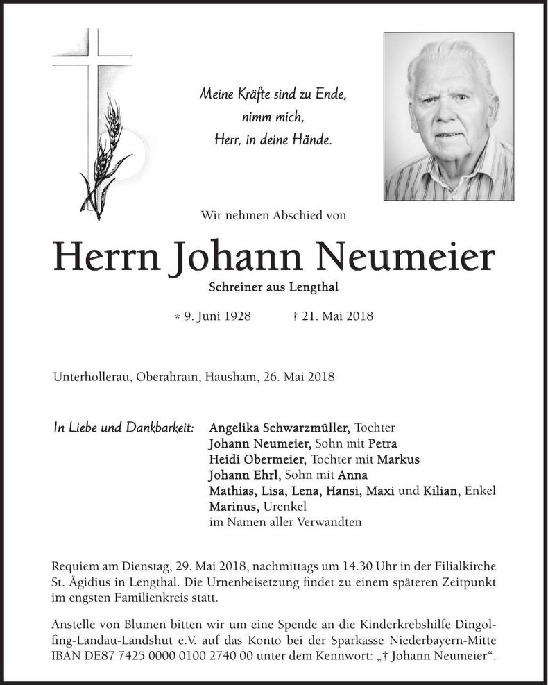 Traueranzeige Johann Neuemeier