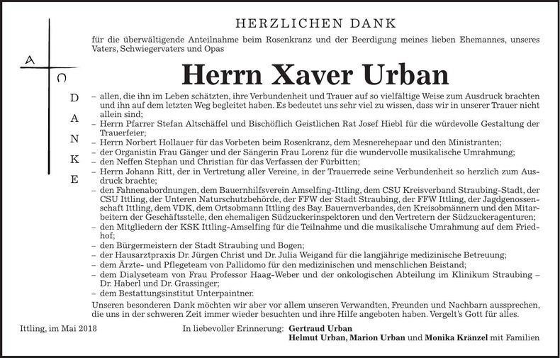 Traueranzeige Xaver Urban
