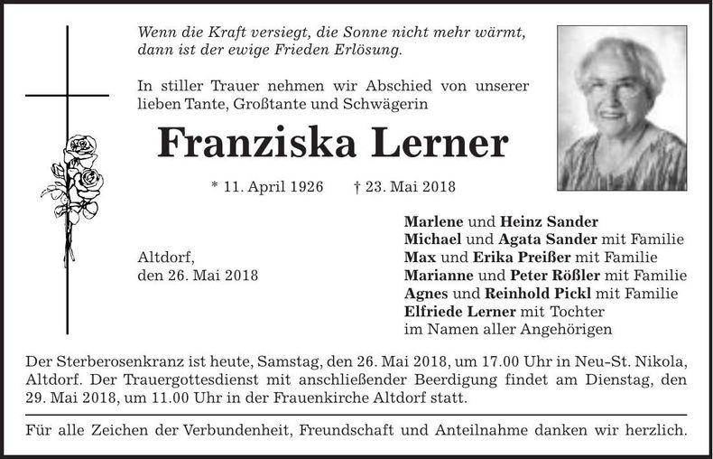 Traueranzeige Franziska Lerner