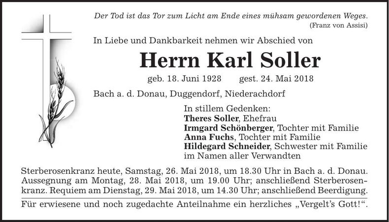 Traueranzeige Karl Soller