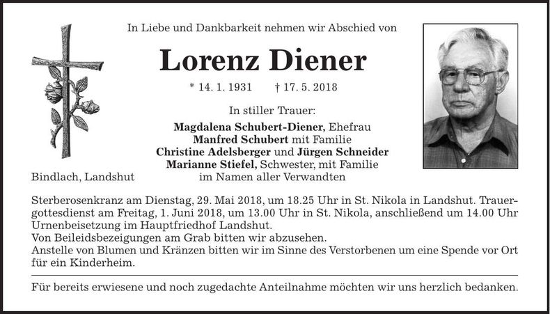 Traueranzeige Lorenz Diener