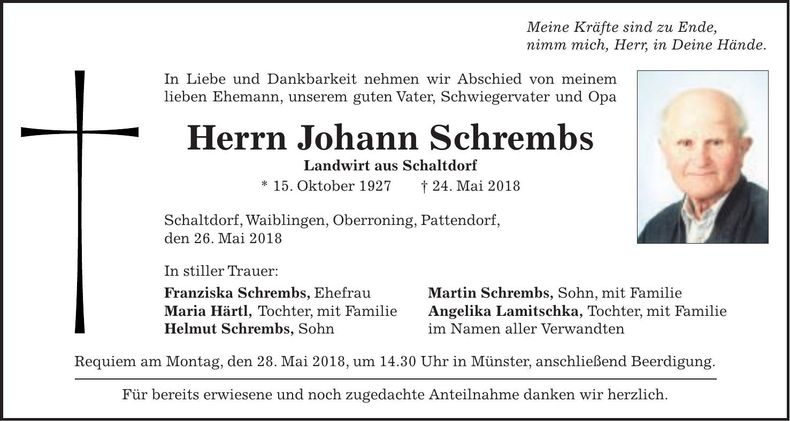Traueranzeige Johann Schrembs