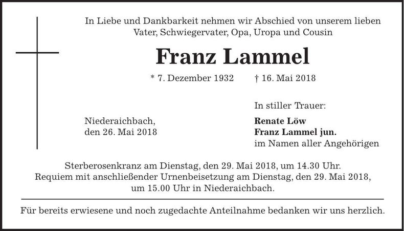 Traueranzeige Franz Lammel