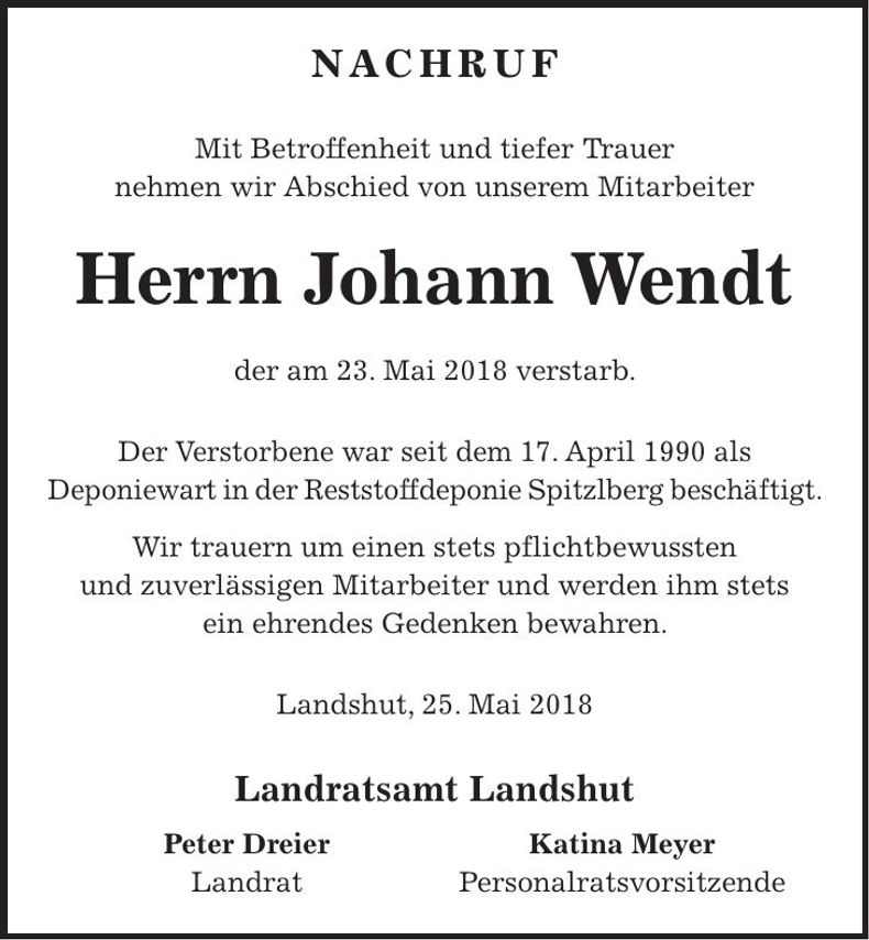 Traueranzeige Johann Wendt