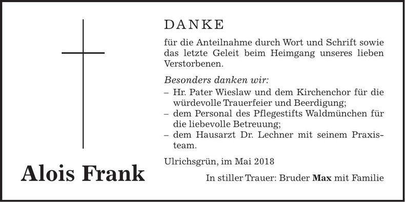 Traueranzeige Alois Frank