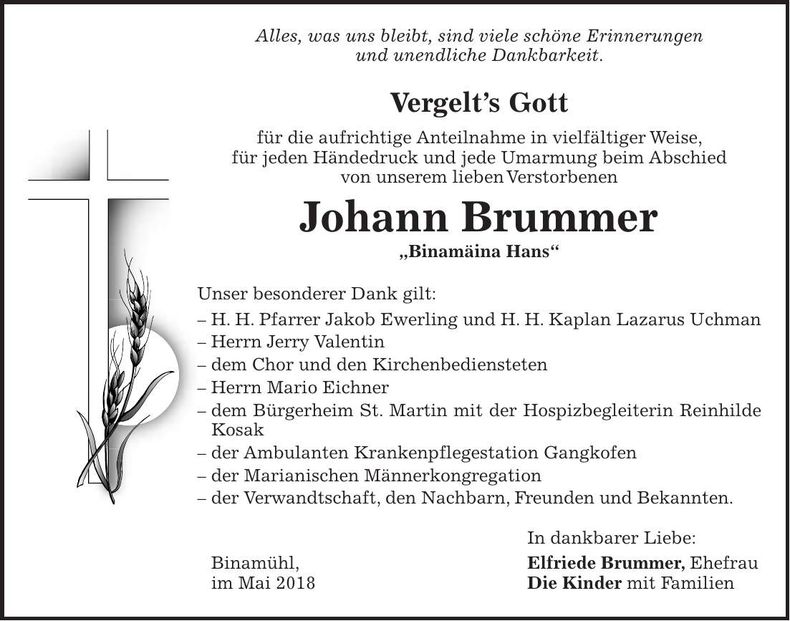 Traueranzeige Johann Brummer