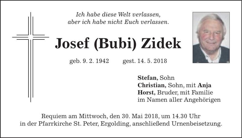 Traueranzeige Josef Zidek