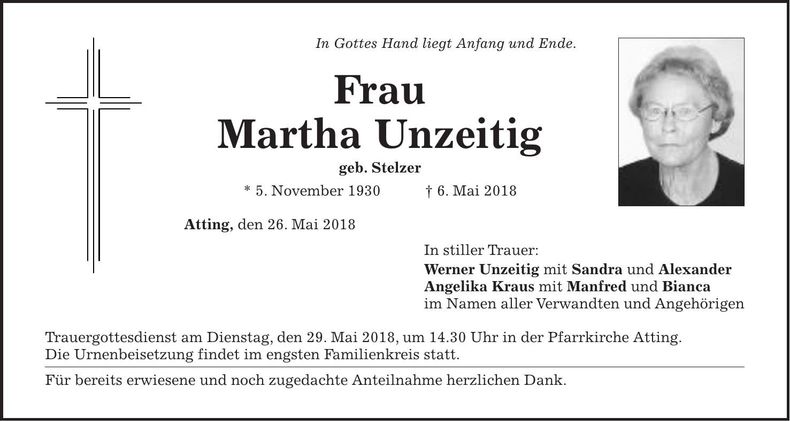 Traueranzeige Martha Unzeitig