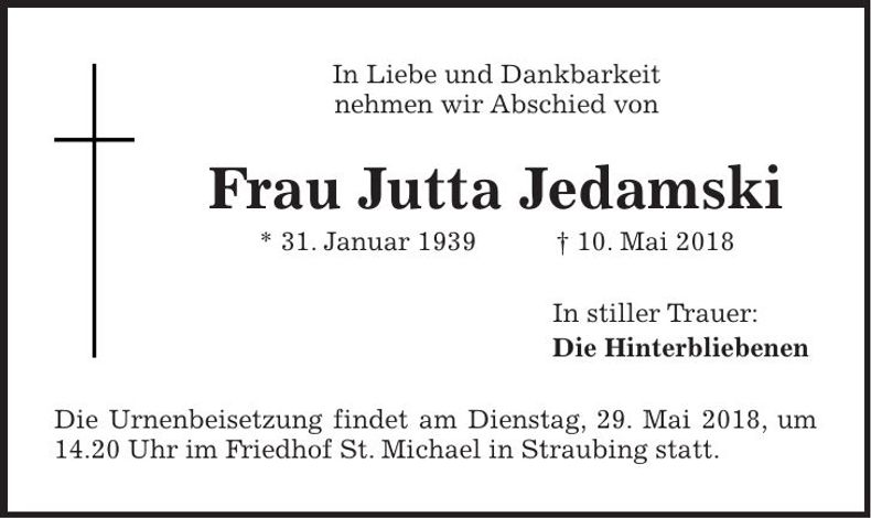 Traueranzeige Jutta Jedamski