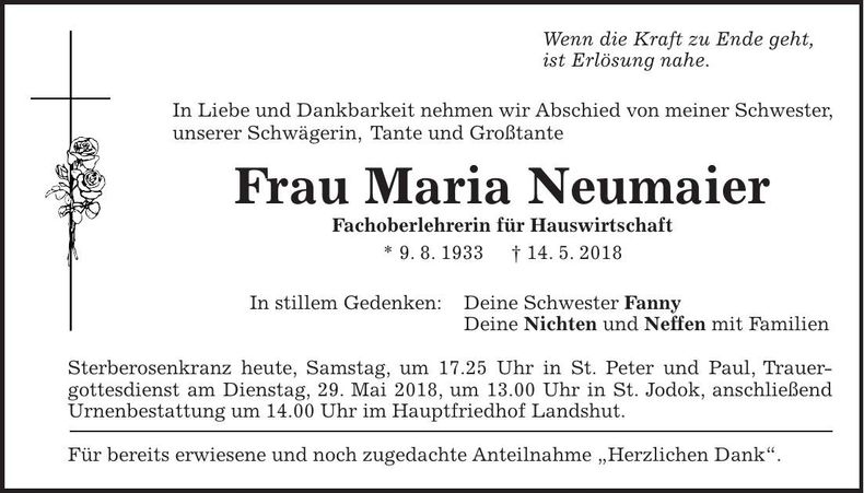 Traueranzeige Maria Neumaier
