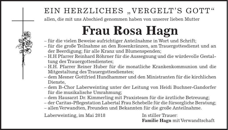 Traueranzeige Rosa Hagn