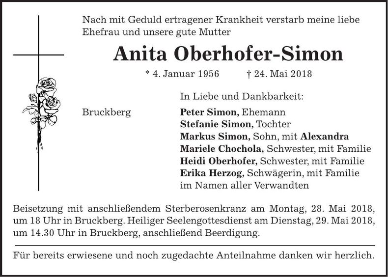Traueranzeige Anita Oberhofer-Simon