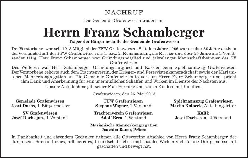 Traueranzeige Franz Schamberger